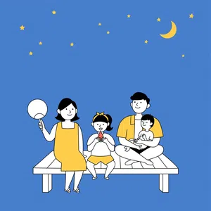 夜晚消夏幸福家庭月亮星星人物插画